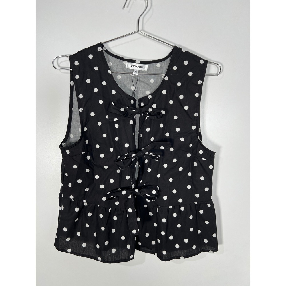 Vigoss Cotton Black Polka Dot Triple Bow Peplum Sleeveless Top Coquette Retro XL